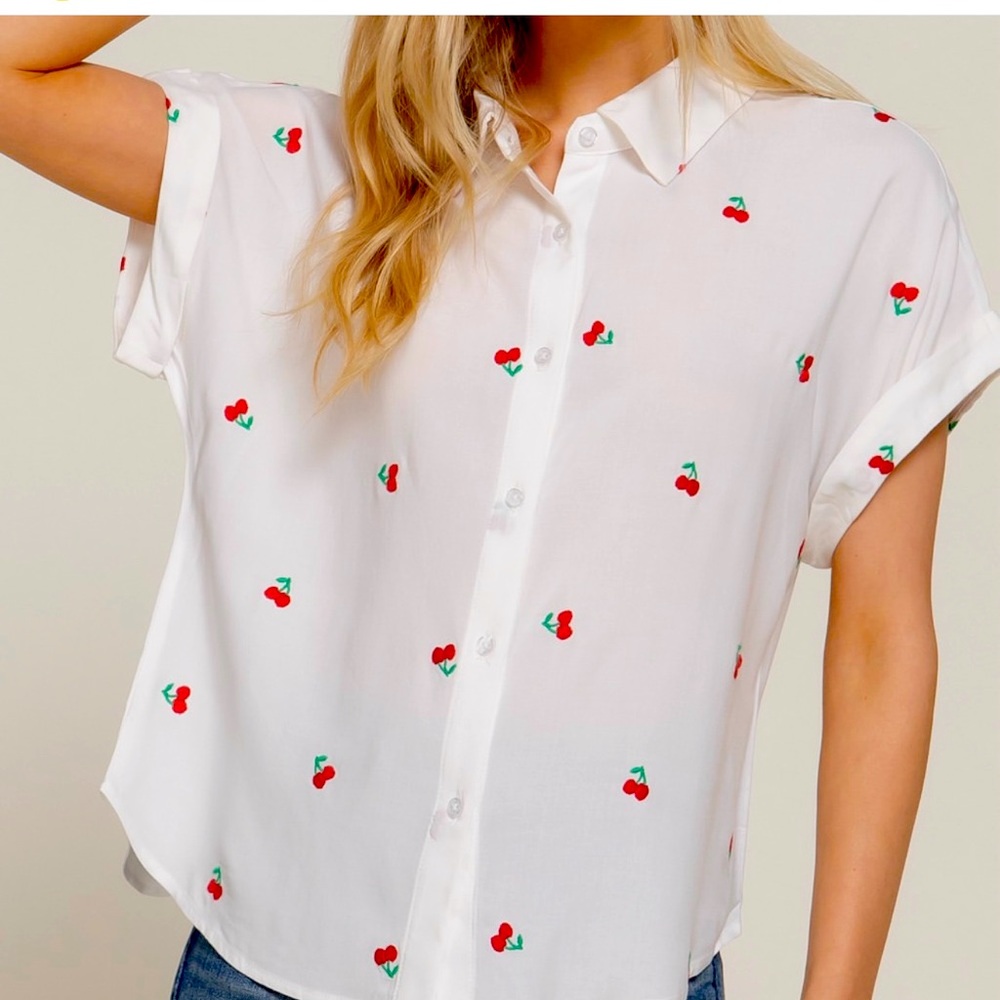 Papermoon White and Red Cuffed Sleeve Button Down Shirt